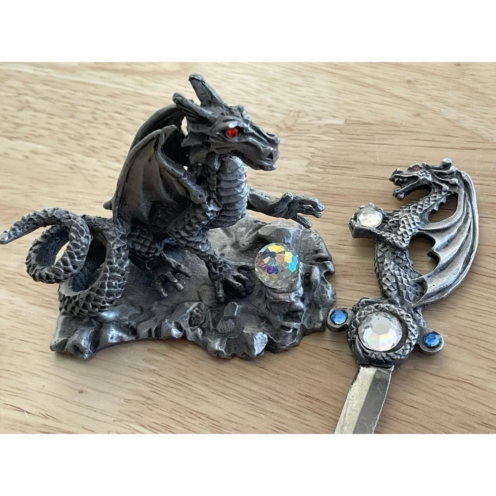 Sunglo 1990 Metal Dragon Letter Opener And‎ Holder With Rhinestones